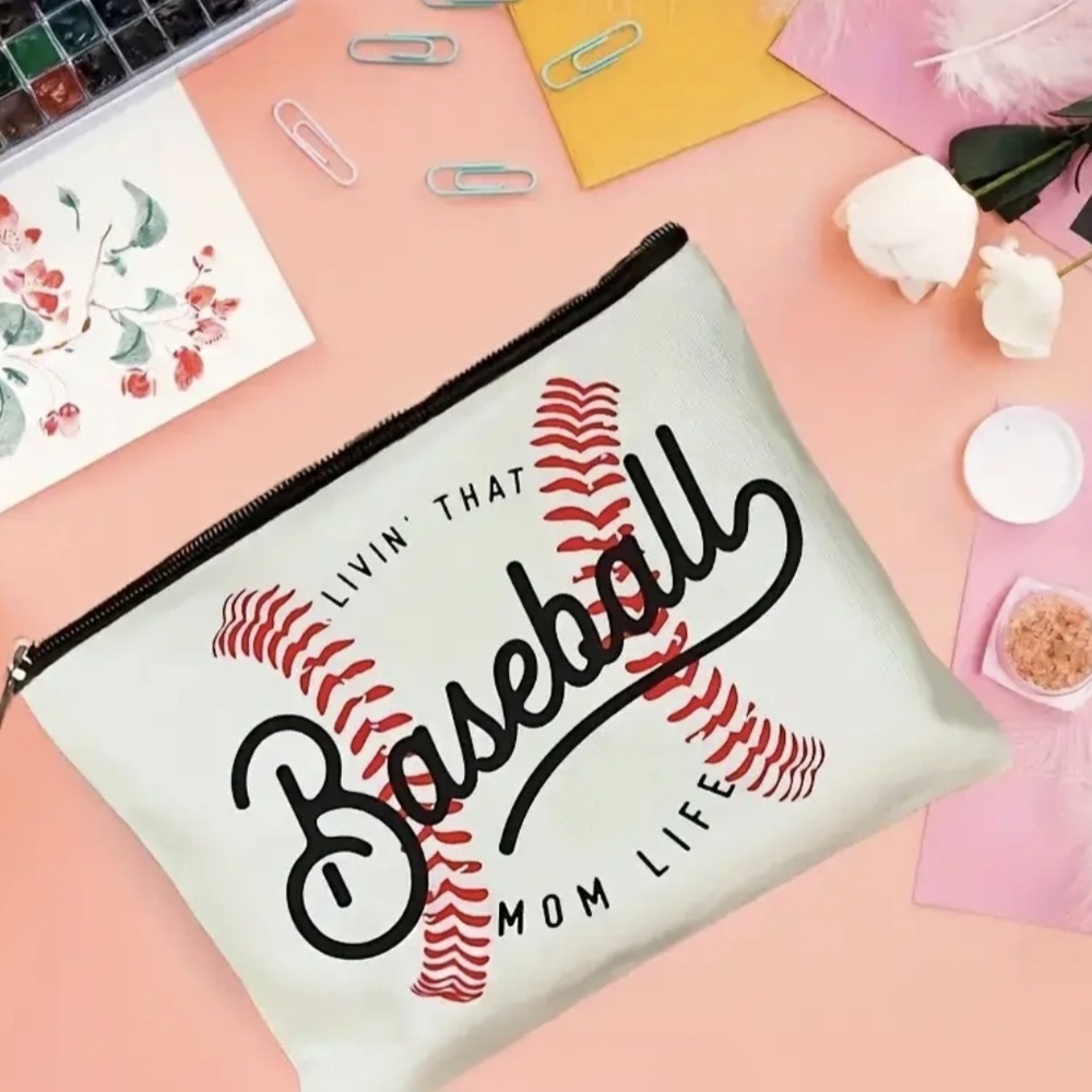 Baseball Themed Cosmetic Bag in White and Red - Picture 2 of 4